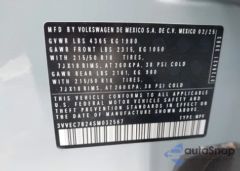 2025 Volkswagen Taos 1.5T Se from USA, damaged, VIN 3VVEC7B24SM032567